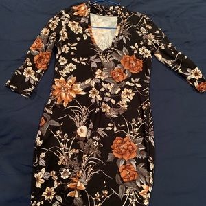 Black Floral 3/4 Sleeve V-neck Dress